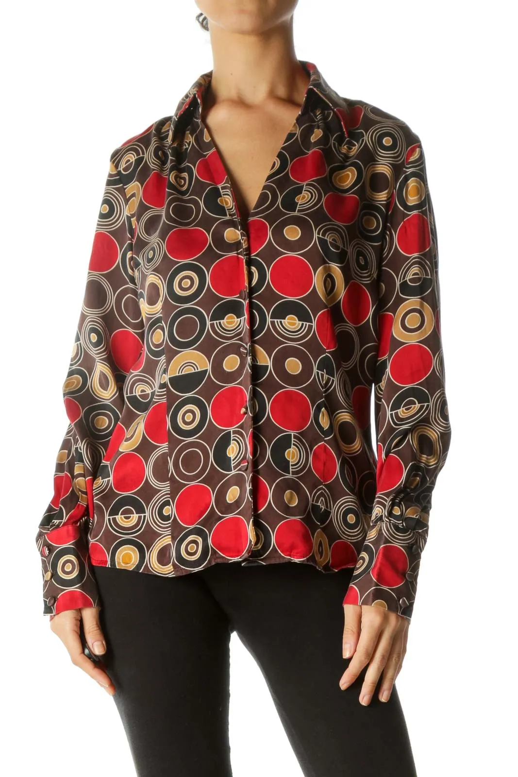 Beige Red Black Silk Soft Touch Print Fabric Buttons Shirt