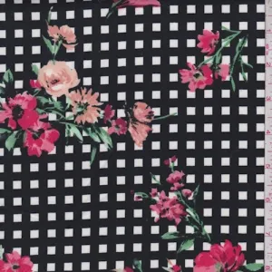 Black Floral Check Double Brushed Jersey Knit Fabric