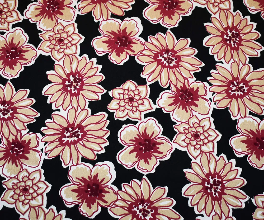 Black-Red-Beige Floral Printed Rayon Crepe Faille Woven Fabric