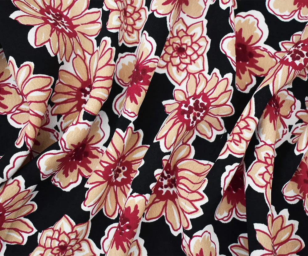 Black-Red-Beige Floral Printed Rayon Crepe Faille Woven Fabric