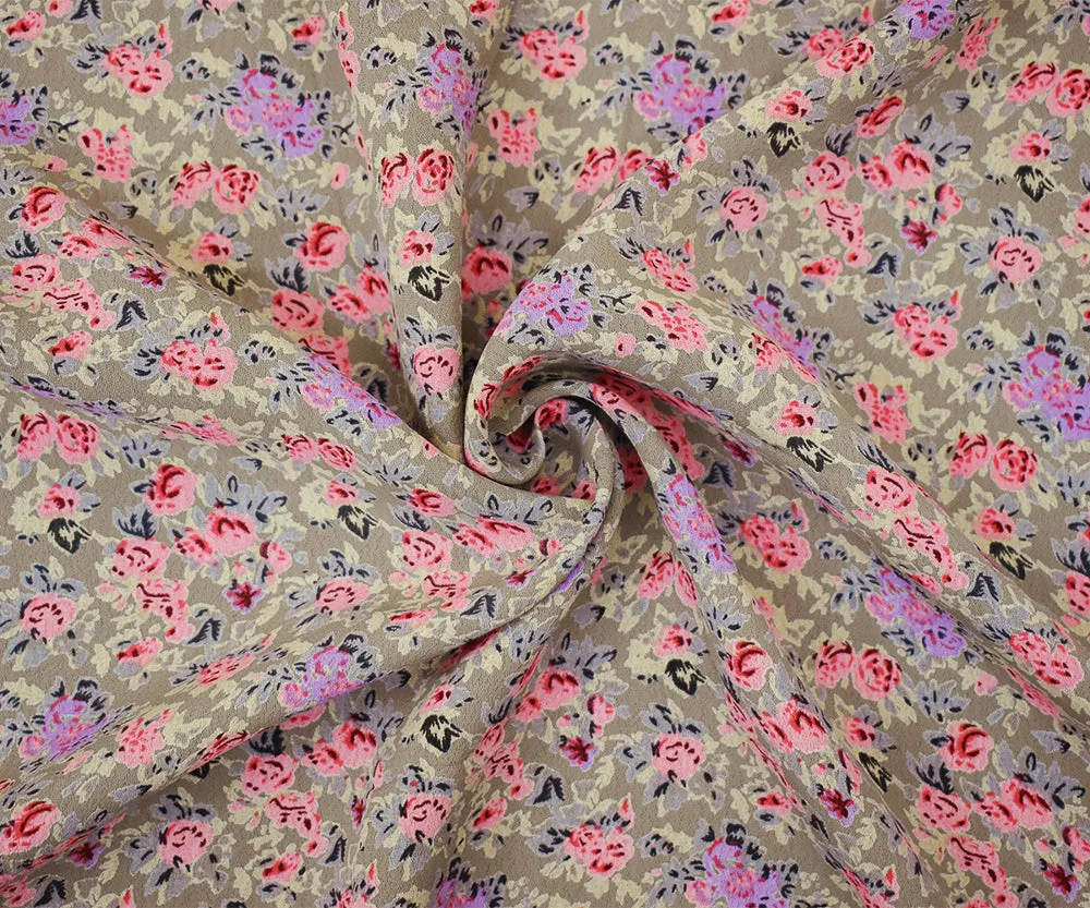 Brown-Pink-Purple Floral Printed Rayon Crepe Faille Woven Fabric