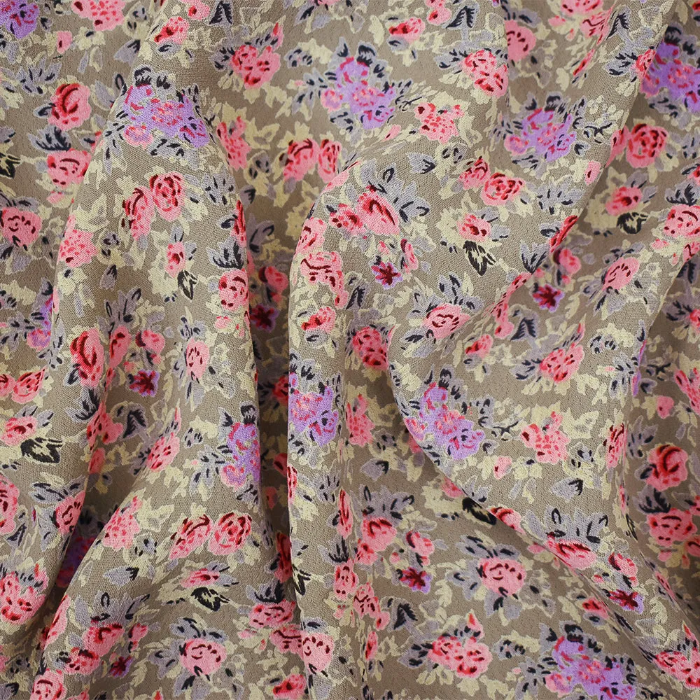 Brown-Pink-Purple Floral Printed Rayon Crepe Faille Woven Fabric