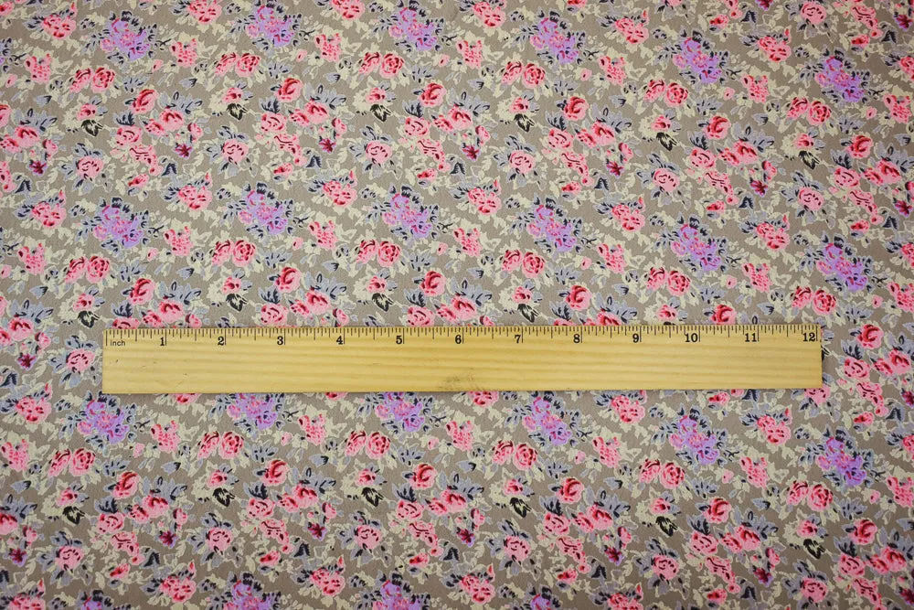 Brown-Pink-Purple Floral Printed Rayon Crepe Faille Woven Fabric