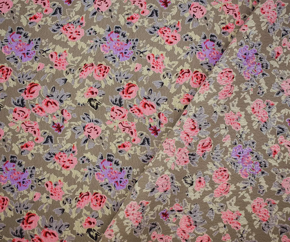 Brown-Pink-Purple Floral Printed Rayon Crepe Faille Woven Fabric