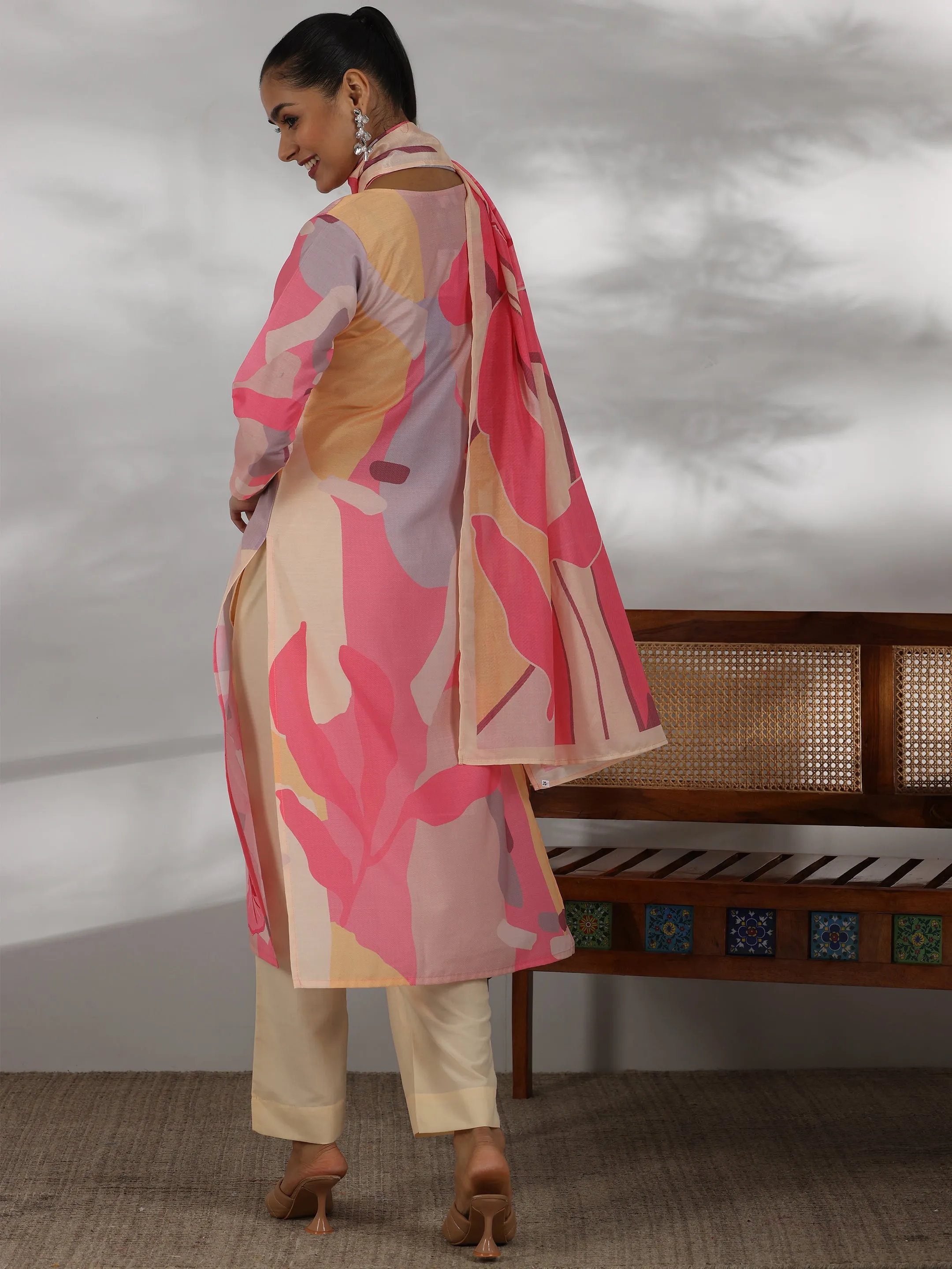 Cream Printed Cotton Blend Straight Suit With Dupatta