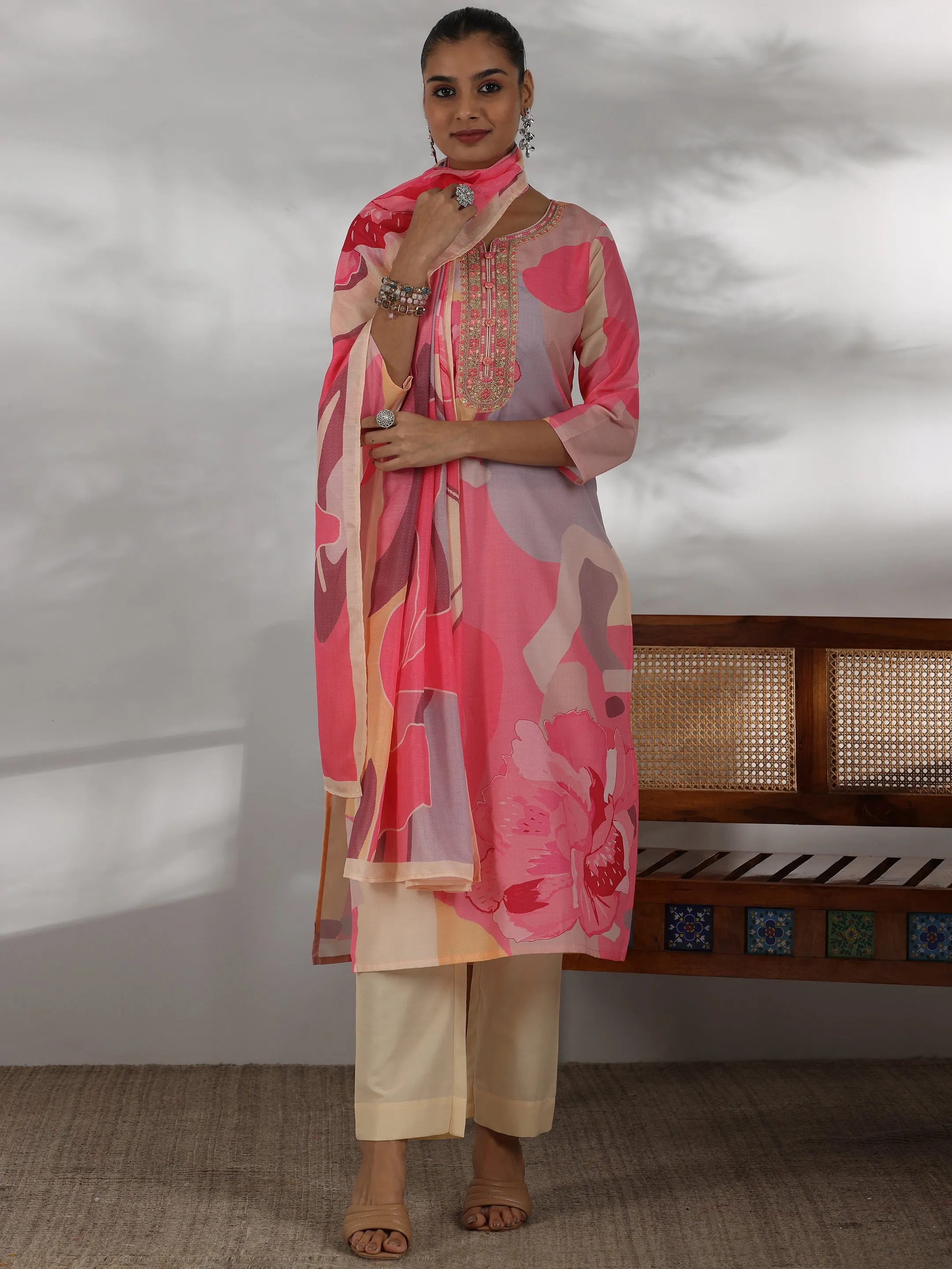 Cream Printed Cotton Blend Straight Suit With Dupatta