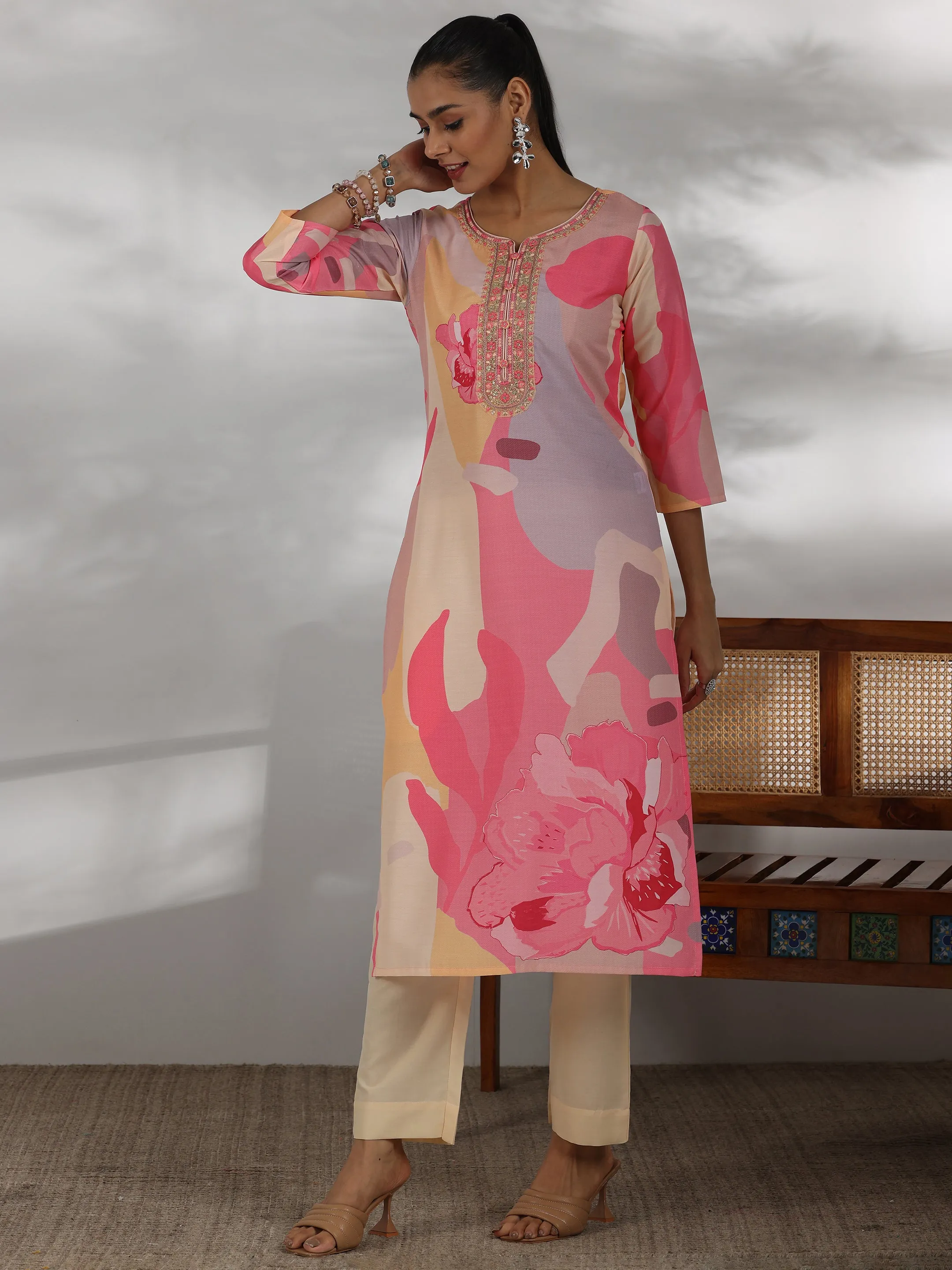 Cream Printed Cotton Blend Straight Suit With Dupatta