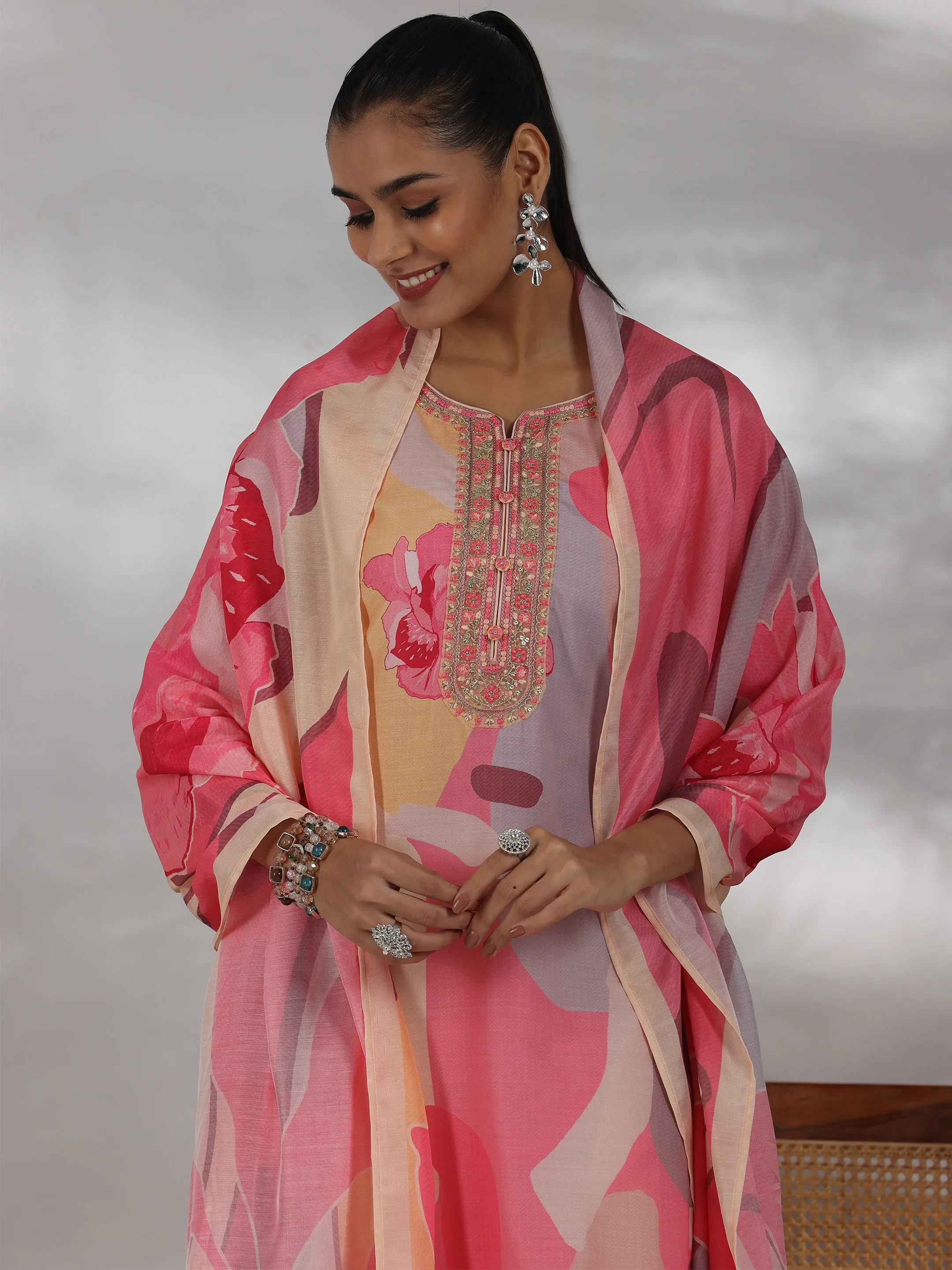 Cream Printed Cotton Blend Straight Suit With Dupatta