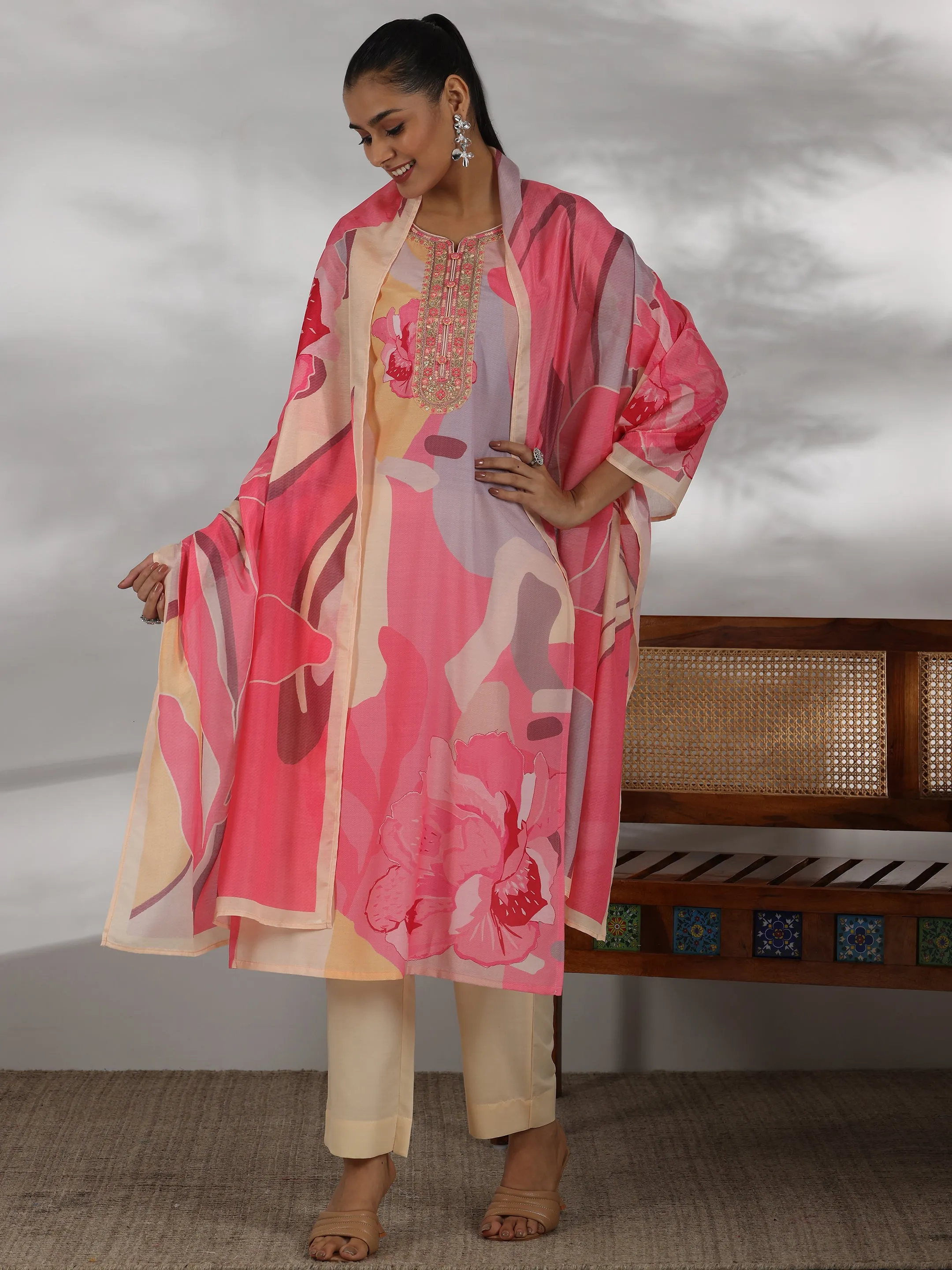 Cream Printed Cotton Blend Straight Suit With Dupatta