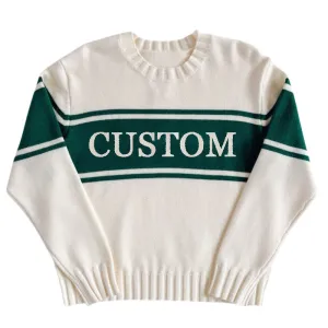 Custom Logo Retro Stripe Knit Sweater - Letterman Cozy Woman Boutique Knitwear