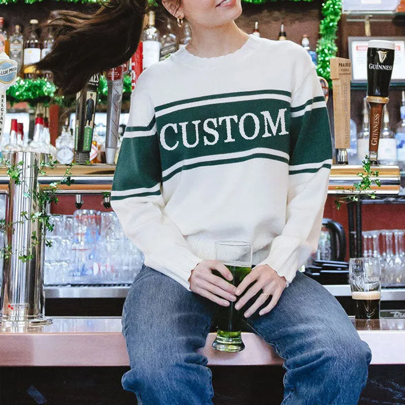 Custom Logo Retro Stripe Knit Sweater - Letterman Cozy Woman Boutique Knitwear