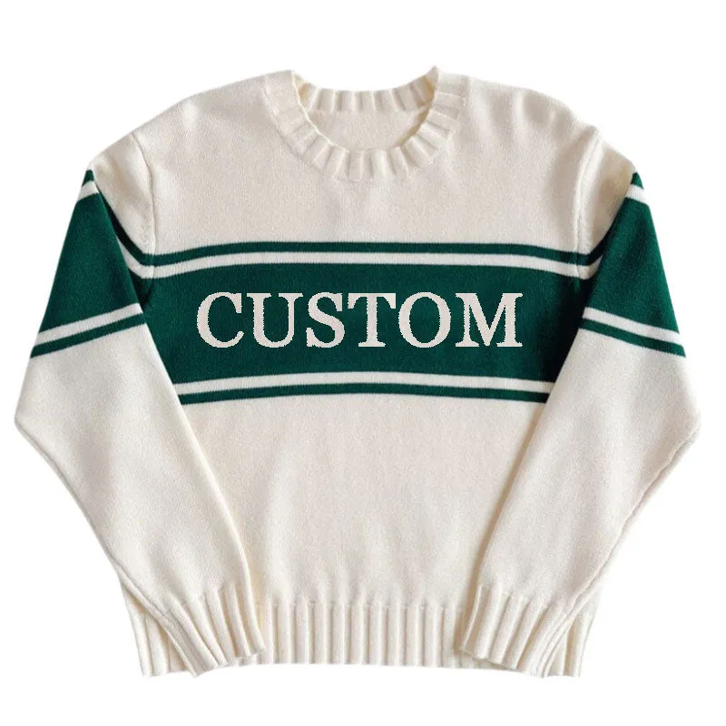 Custom Logo Retro Stripe Knit Sweater - Letterman Cozy Woman Boutique Knitwear