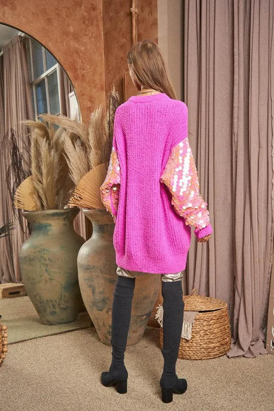 Dave & Dani Sequin Sleeve Sweater Knit Tunic Top