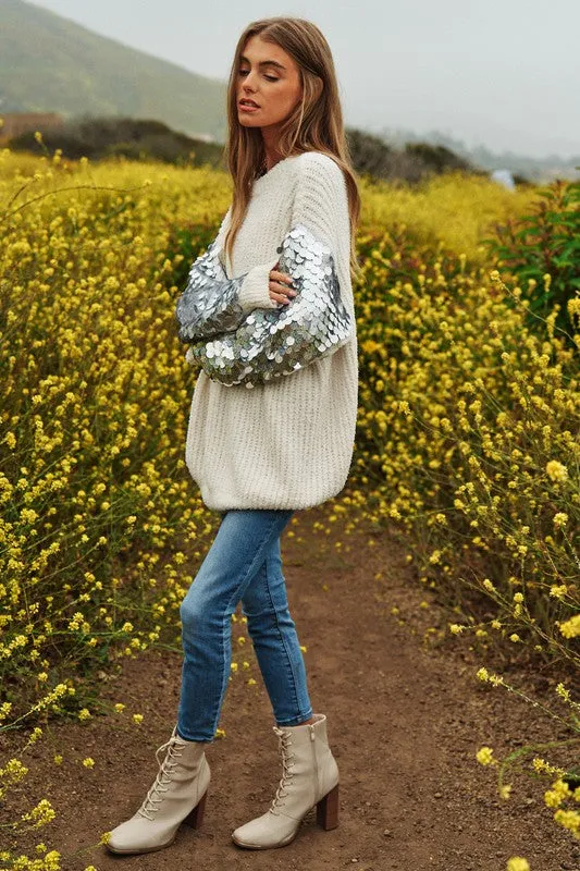 Dave & Dani Sequin Sleeve Sweater Knit Tunic Top