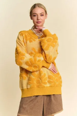 Davi & Dani Flower Texture Round Neck Dropped Shoulder Sweater