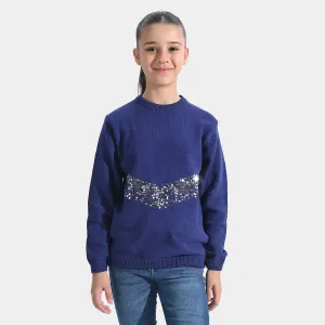 Girls Cotton Full Sleeves Sweater Sequence - Navy