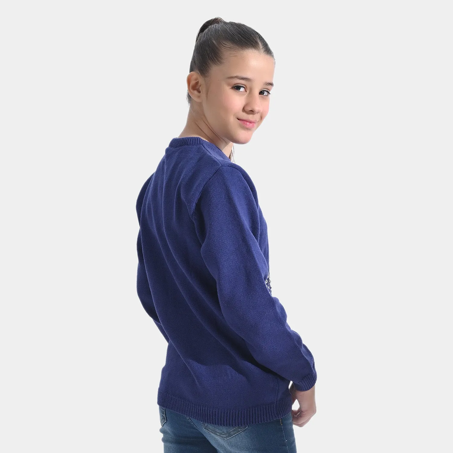 Girls Cotton Full Sleeves Sweater Sequence - Navy