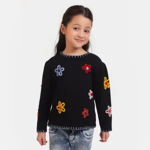 Girls Knitted Flower Sweater -NAVY