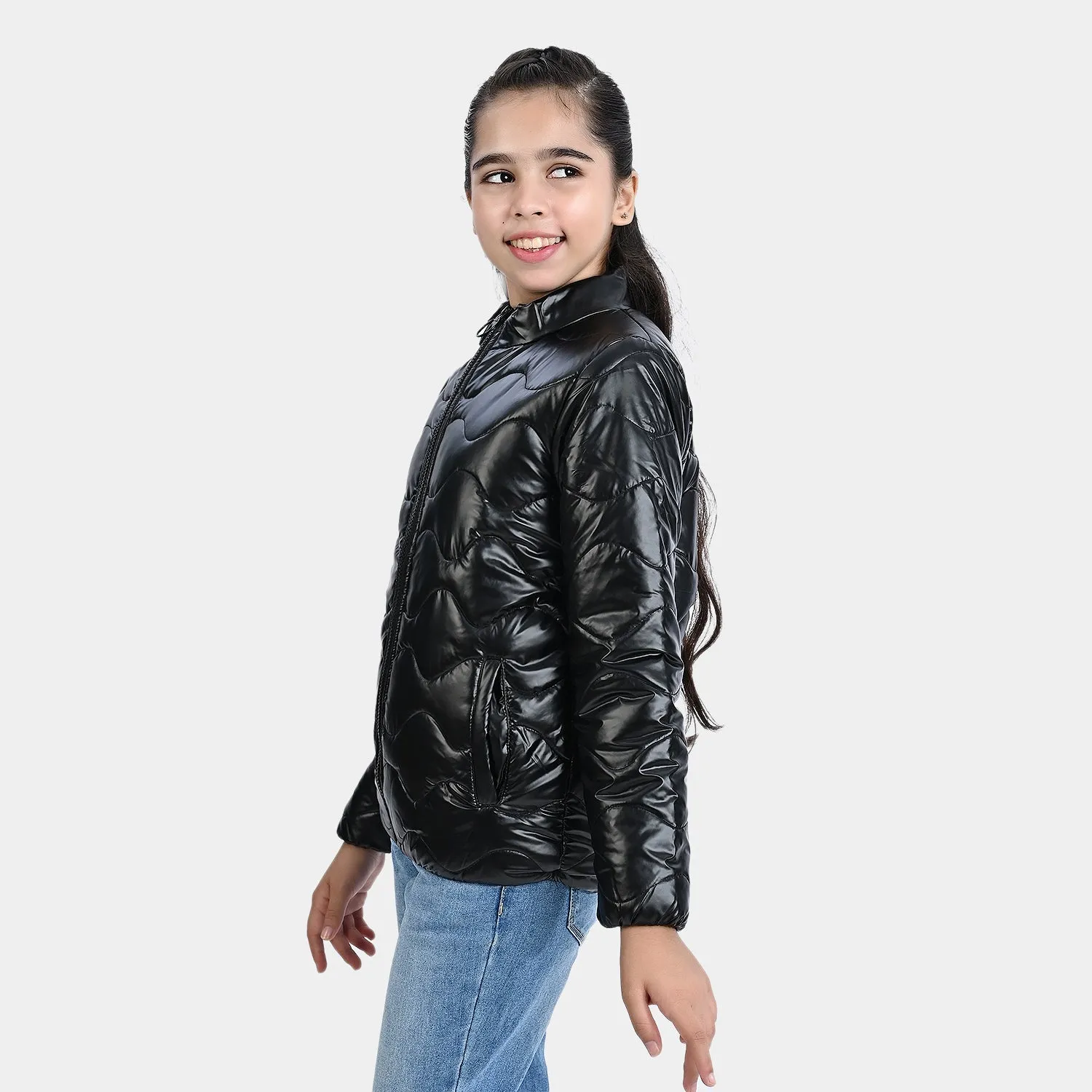 Girls Mix taffeta Quilted Jacket Fuzzy-BLACK