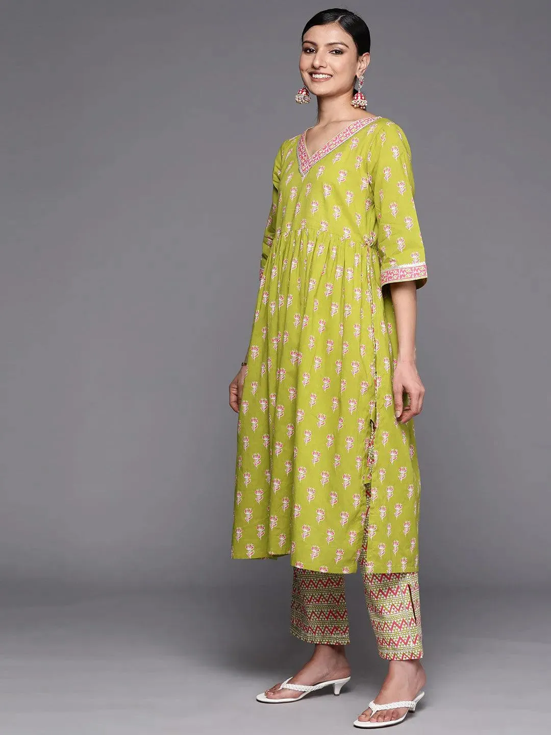 Green Printed Cotton A-Line Kurta With Trousers & Dupatta