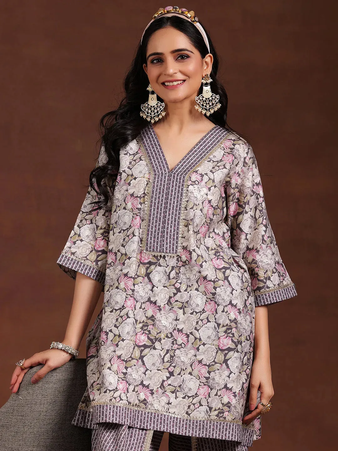 Grey Printed Silk Blend A-Line Kurta With Dhoti Pants