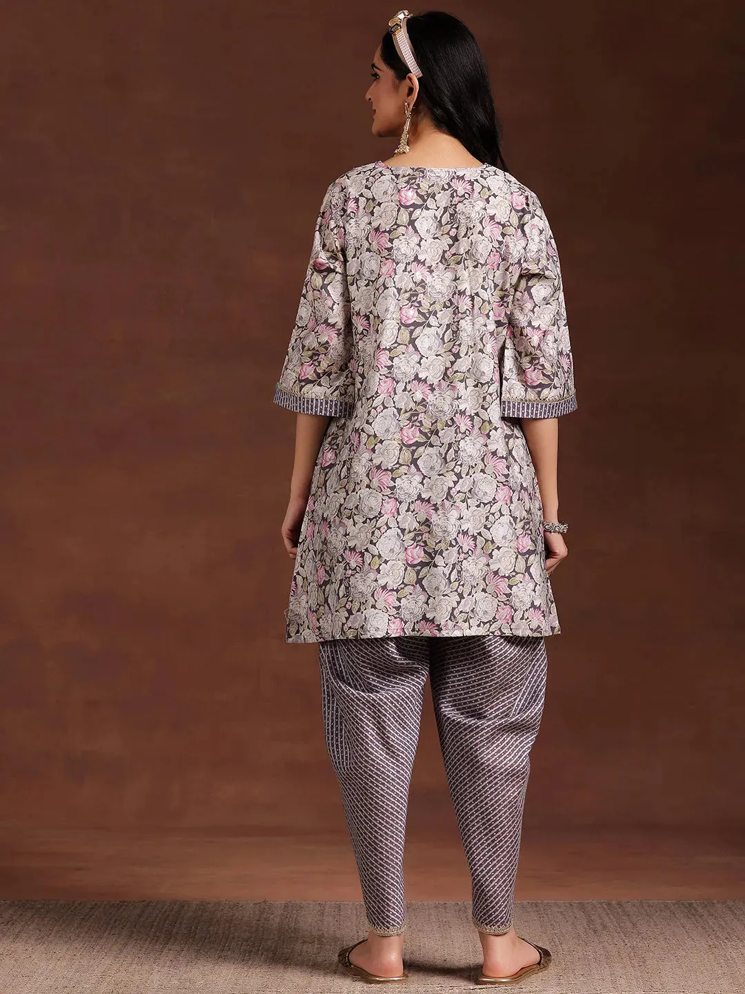 Grey Printed Silk Blend A-Line Kurta With Dhoti Pants