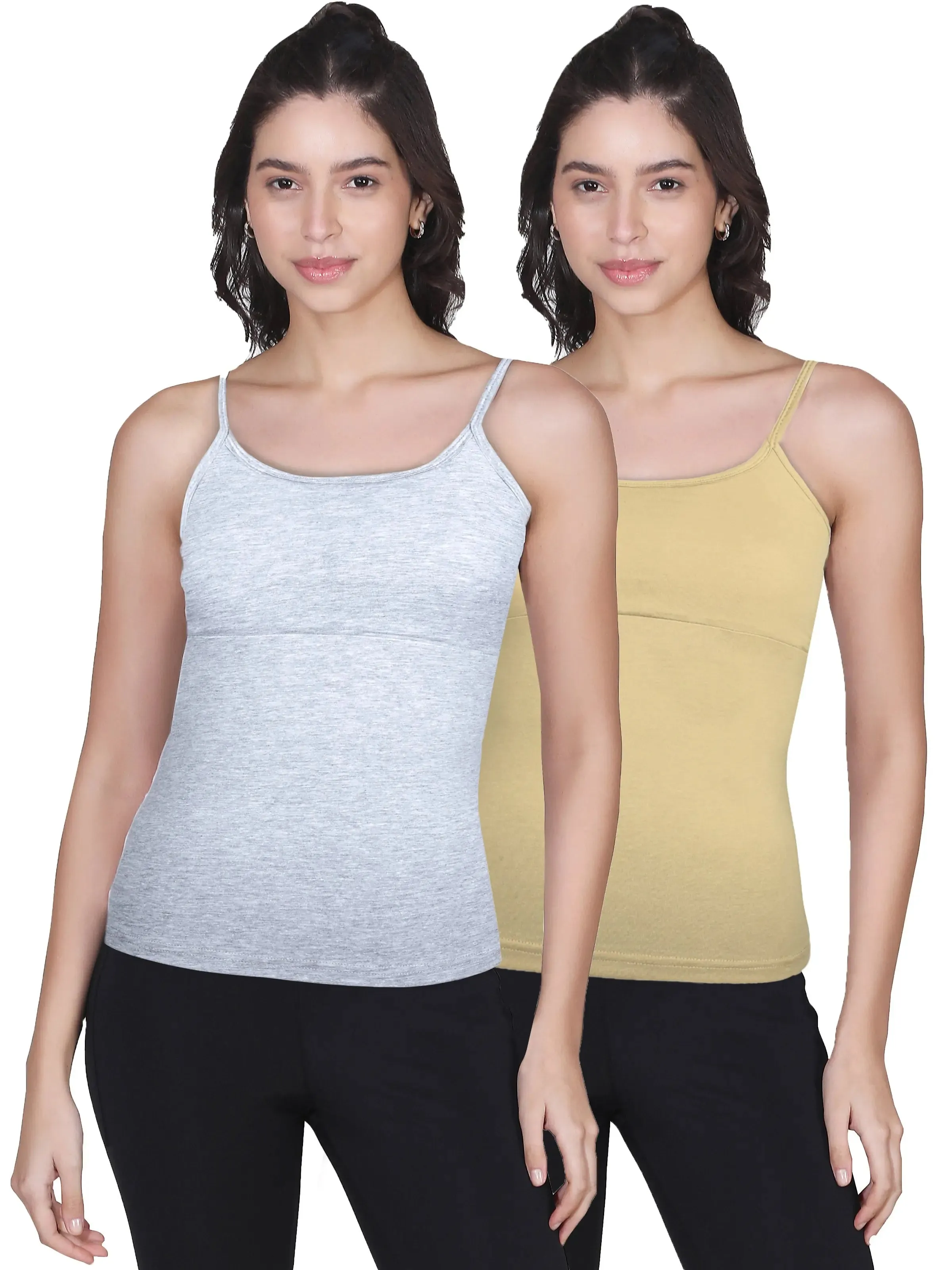 High Coverage Cotton Camisole Bra in Grey & Skin Tone with Adjustable Straps Pack-of-2