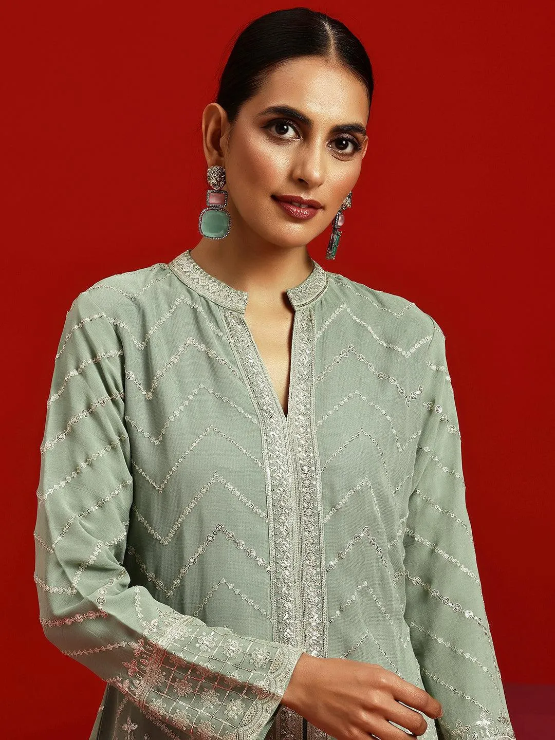 Libas Art Green Embroidered Georgette A-Line Kurta With Sharara & Dupatta