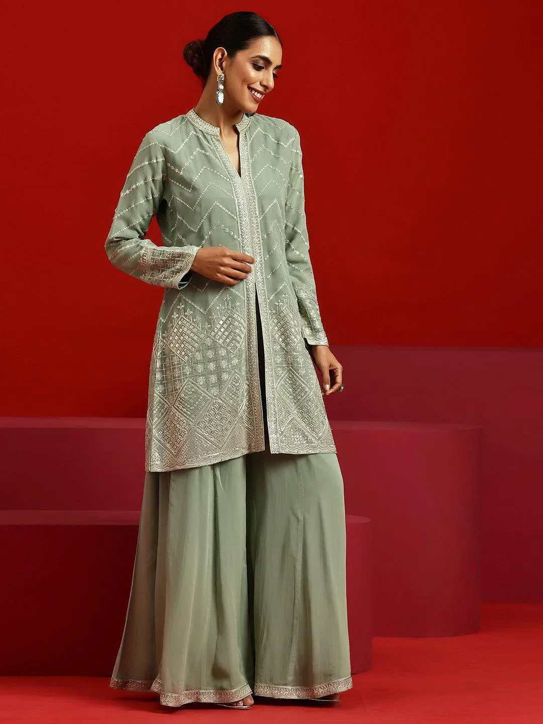 Libas Art Green Embroidered Georgette A-Line Kurta With Sharara & Dupatta