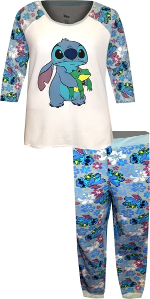 Lilo and Stitch Tropical Flowers Plus Size Blue Thermal Waffle Pajama Set