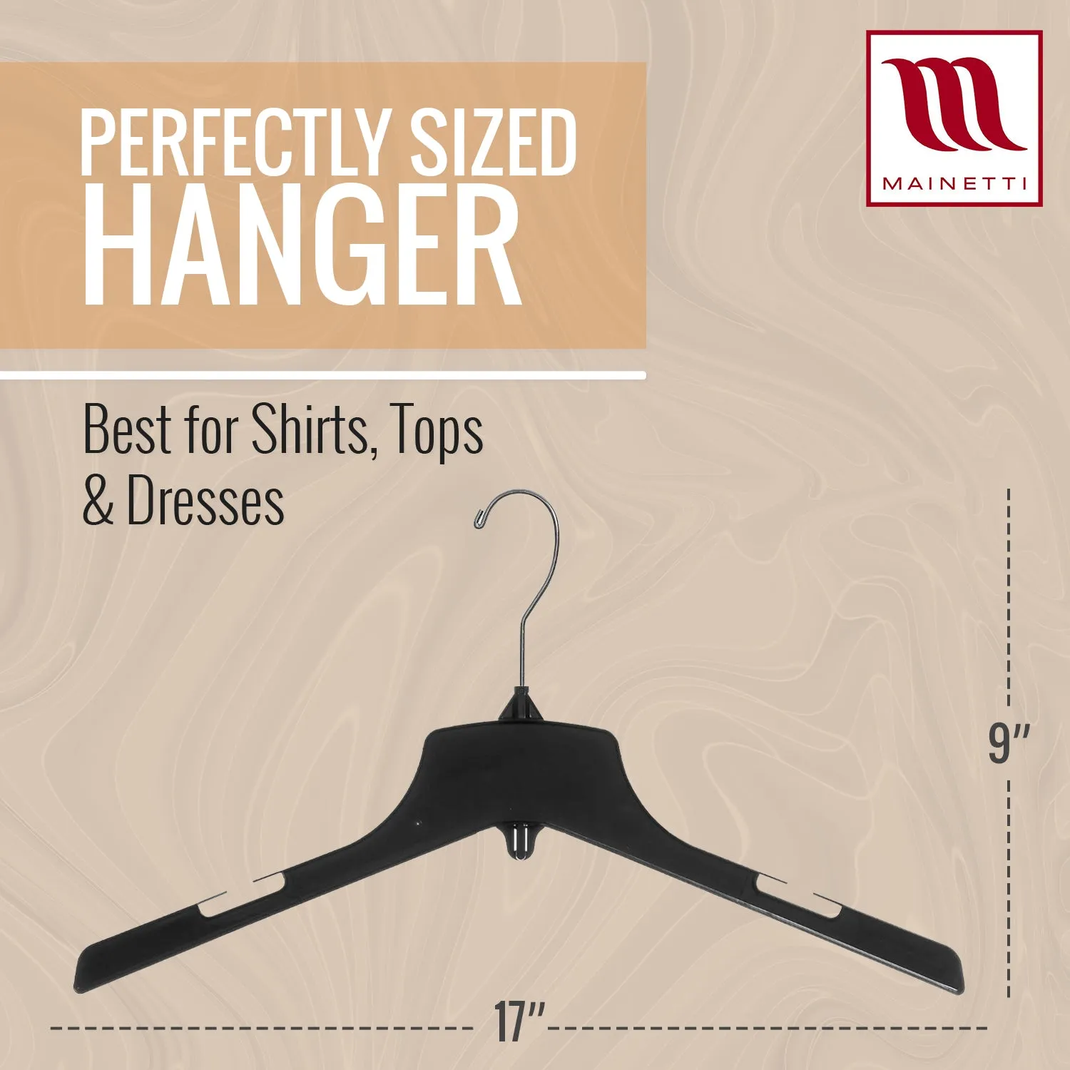 Mainetti 3329, 17" Heavy Duty Black Plastic, Jacket Coat Outerwear Hangers, with long turnable metal hook