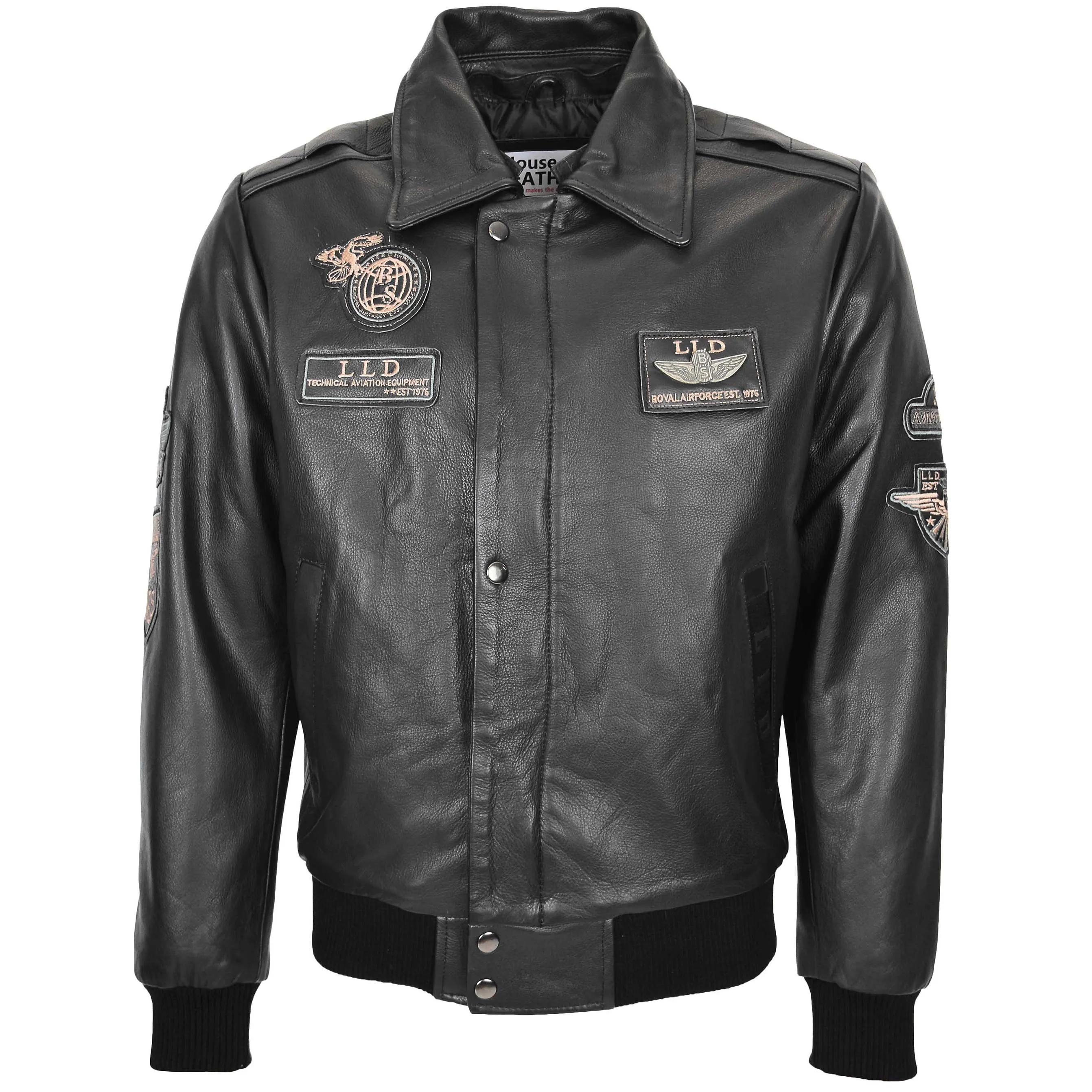 Mens Leather Jacket with Detachable Collar Pilot-N Black