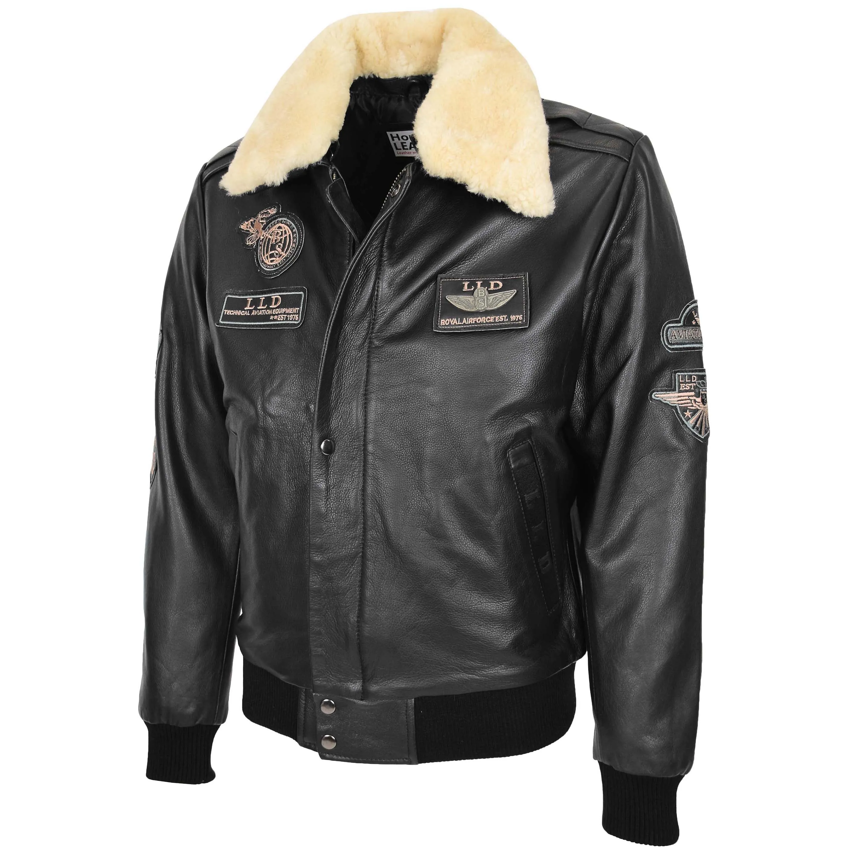 Mens Leather Jacket with Detachable Collar Pilot-N Black