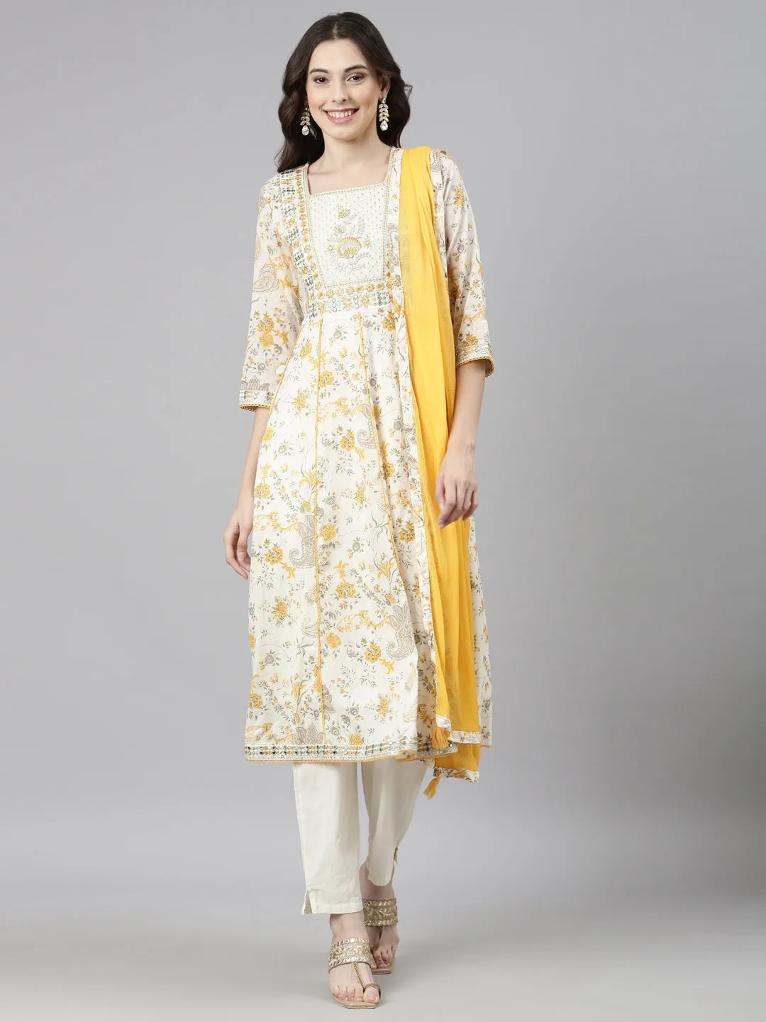 Neerus Cream Casual Floral Anarkali Kurta and Trousers With Dupatta