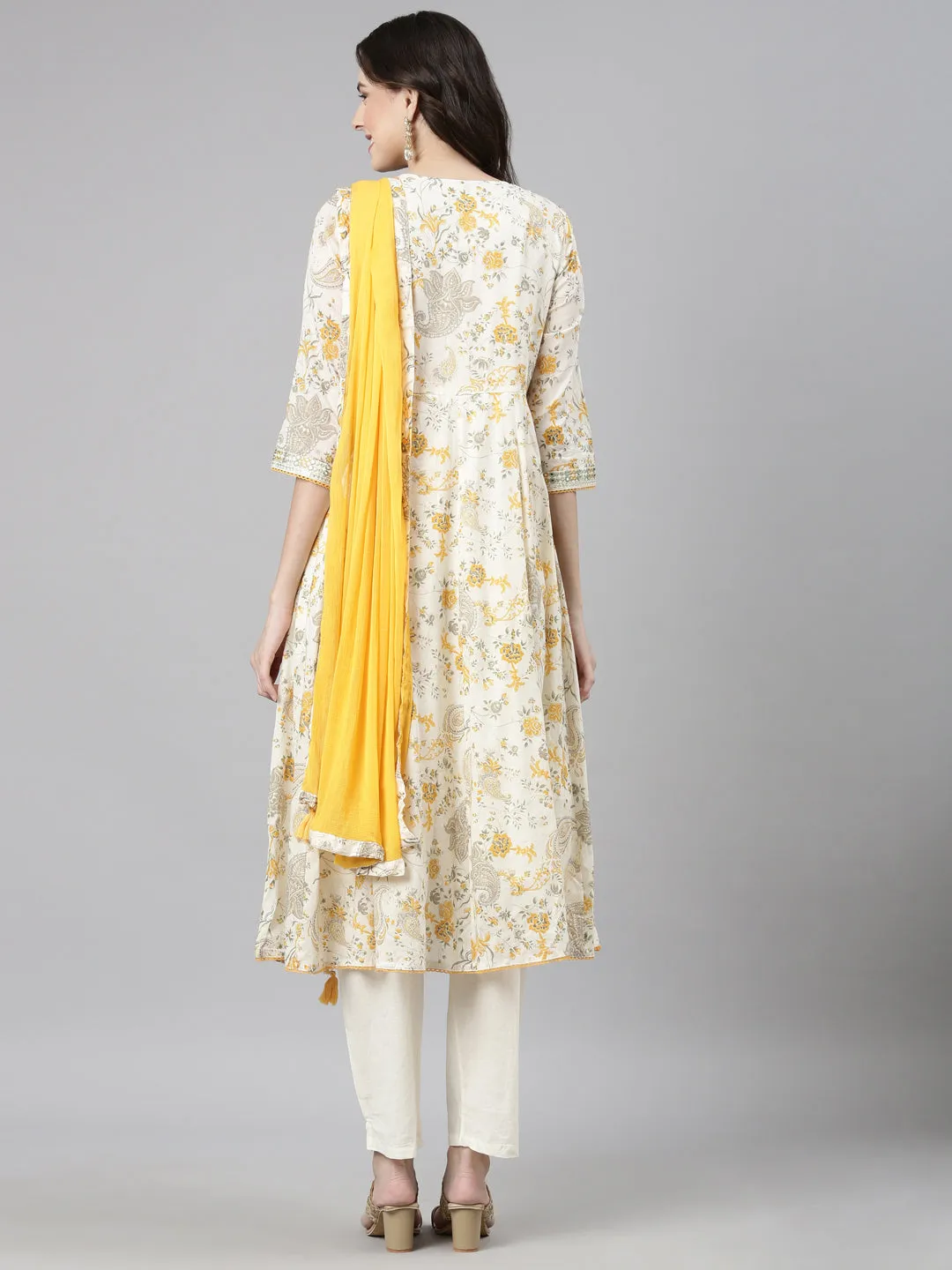 Neerus Cream Casual Floral Anarkali Kurta and Trousers With Dupatta