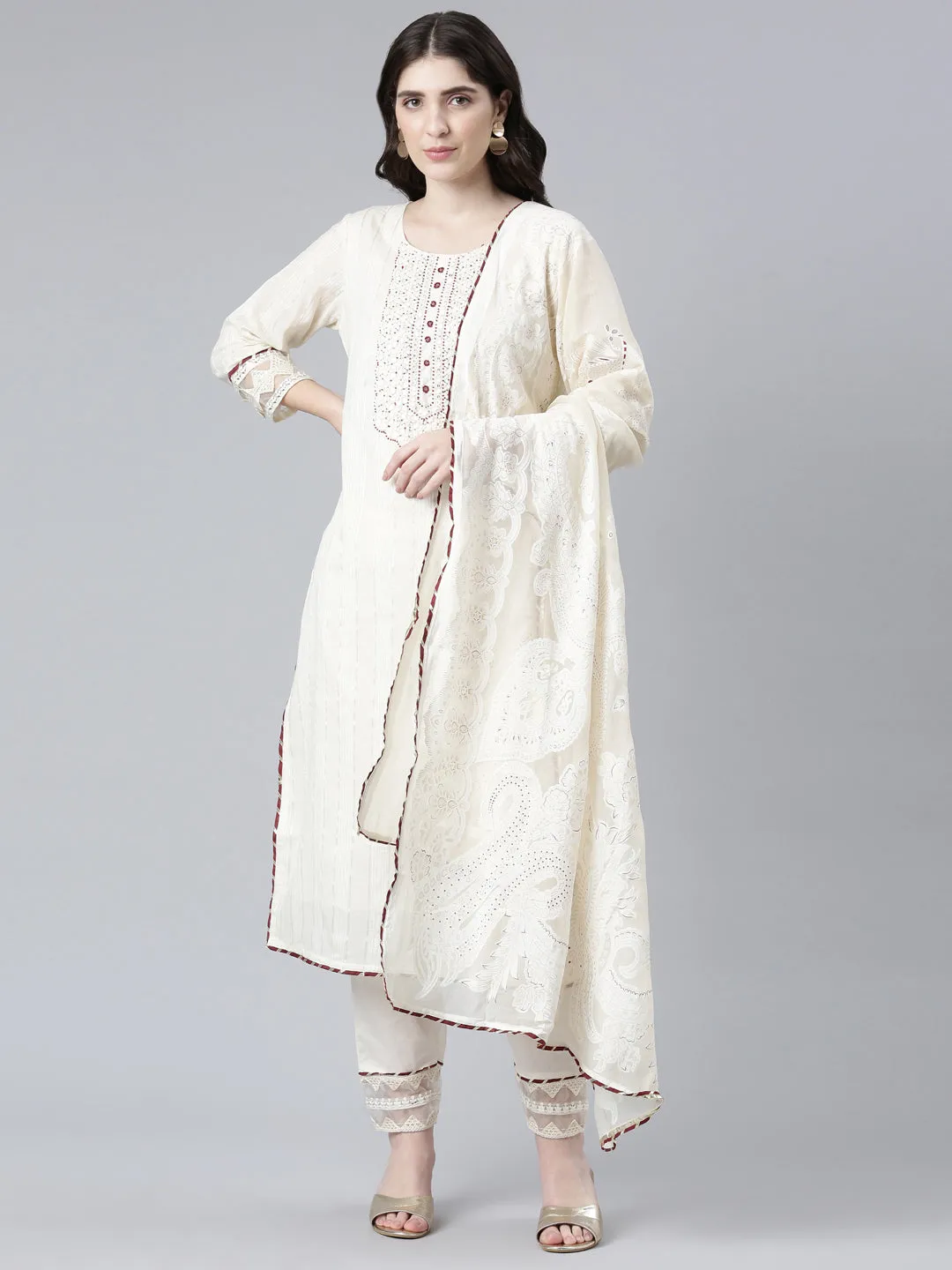 Neeru's Cream Regular Straight Solid Readymade suits