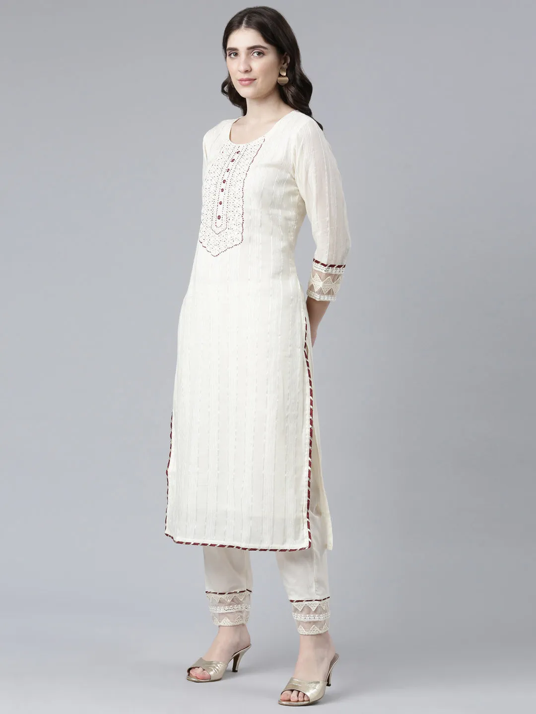 Neeru's Cream Regular Straight Solid Readymade suits