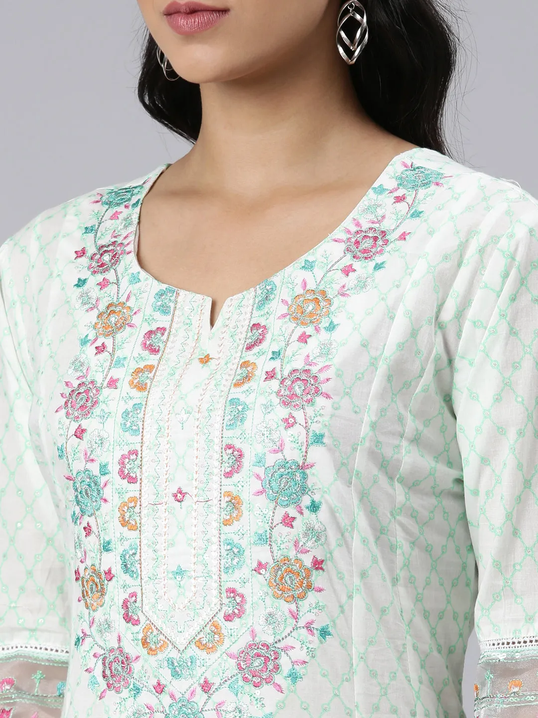 Neerus Green Panelled Curved Printed Kurta and Palazzos With Dupatta