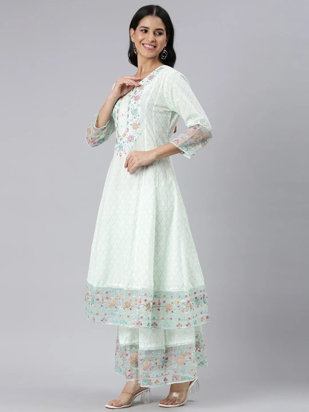 Neerus Green Panelled Curved Printed Kurta and Palazzos With Dupatta