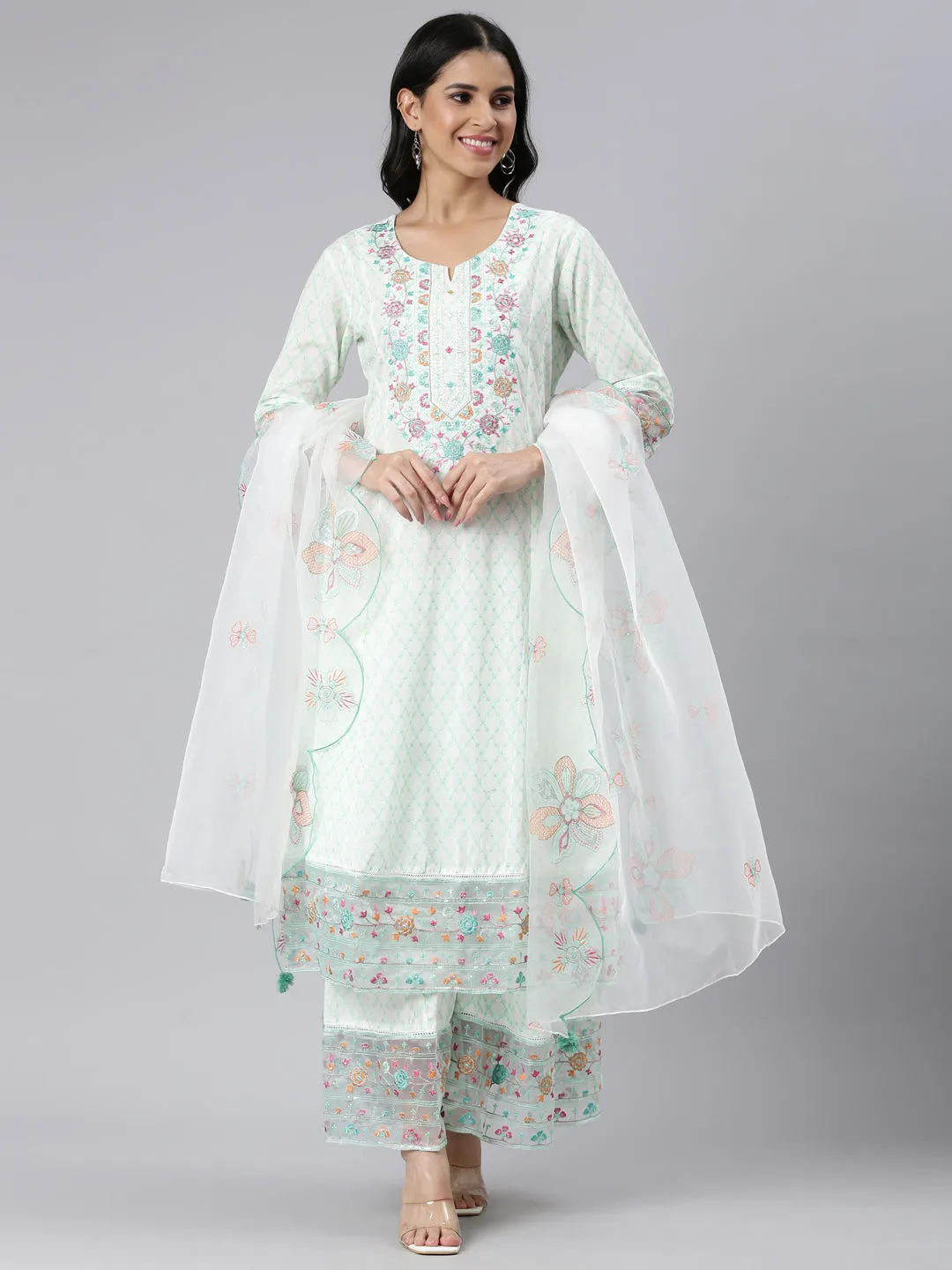 Neerus Green Panelled Curved Printed Kurta and Palazzos With Dupatta