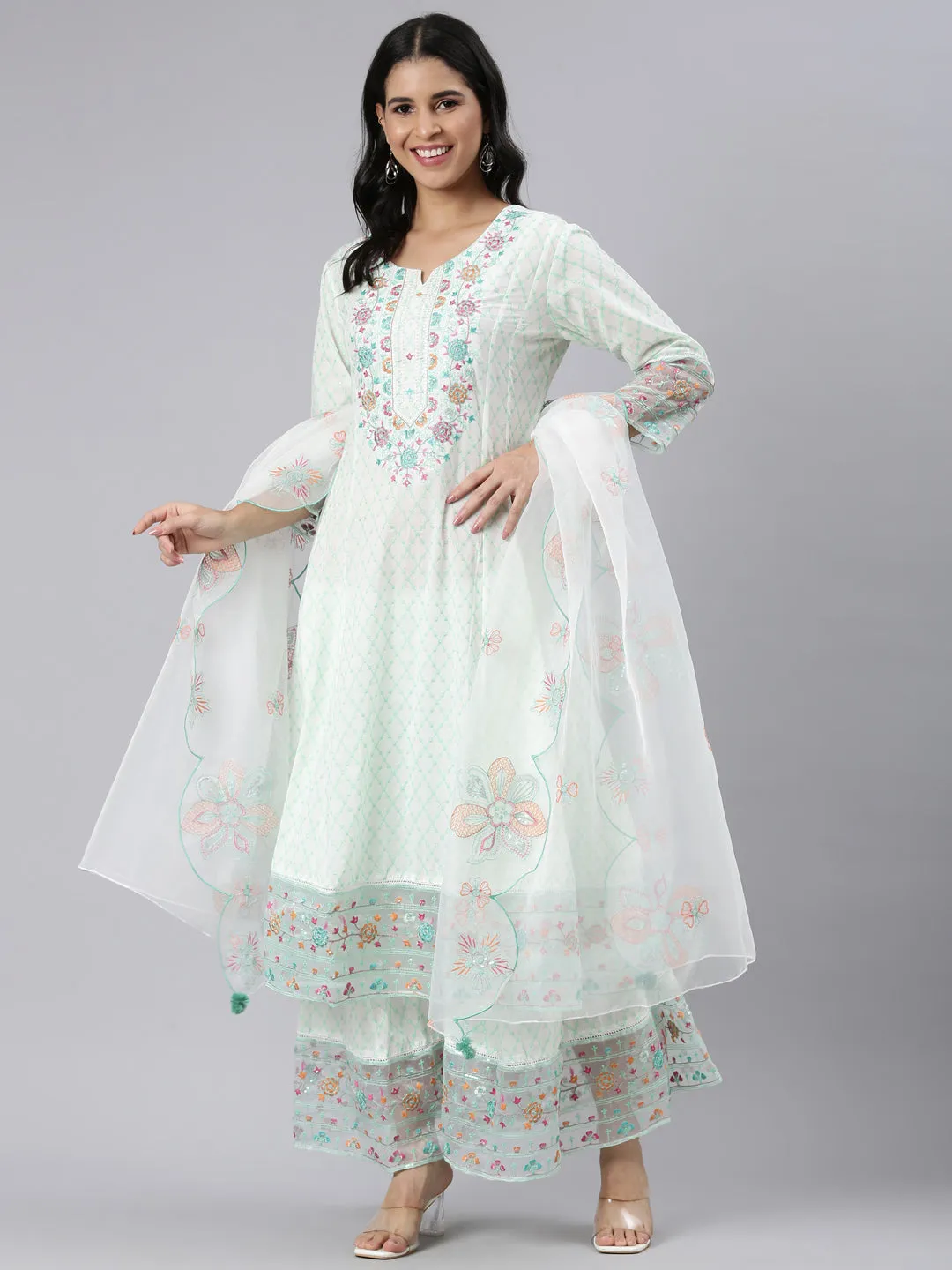 Neerus Green Panelled Curved Printed Kurta and Palazzos With Dupatta