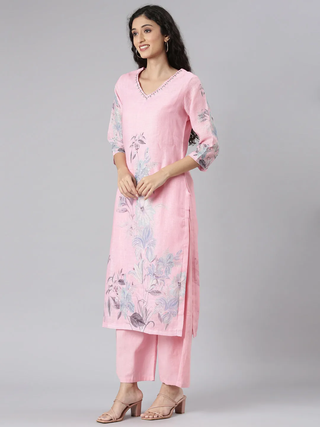 Neerus Rose Straight Casual Floral Kurta and plazzo with Dupatta