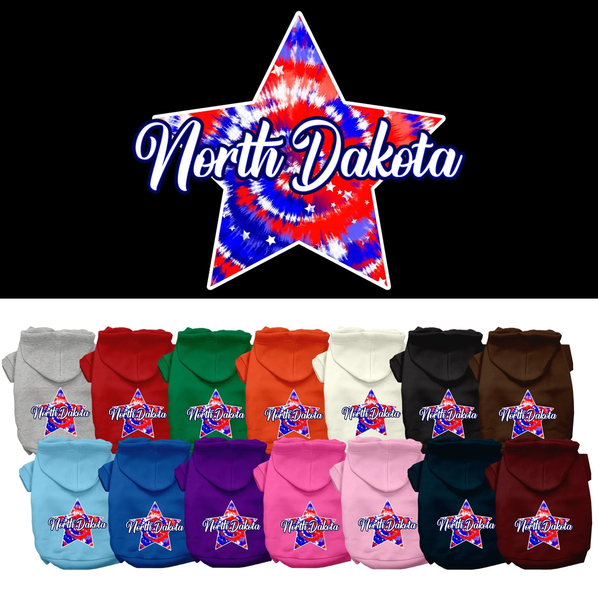 Pet Dog & Cat Screen Printed Hoodie for Medium to Large Pets (Sizes 2XL-6XL), "North Dakota Patriotic Tie Dye"