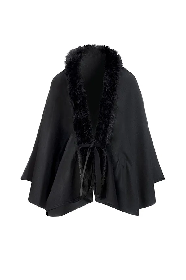 Stylish Faux Fur Tie Waist Poncho