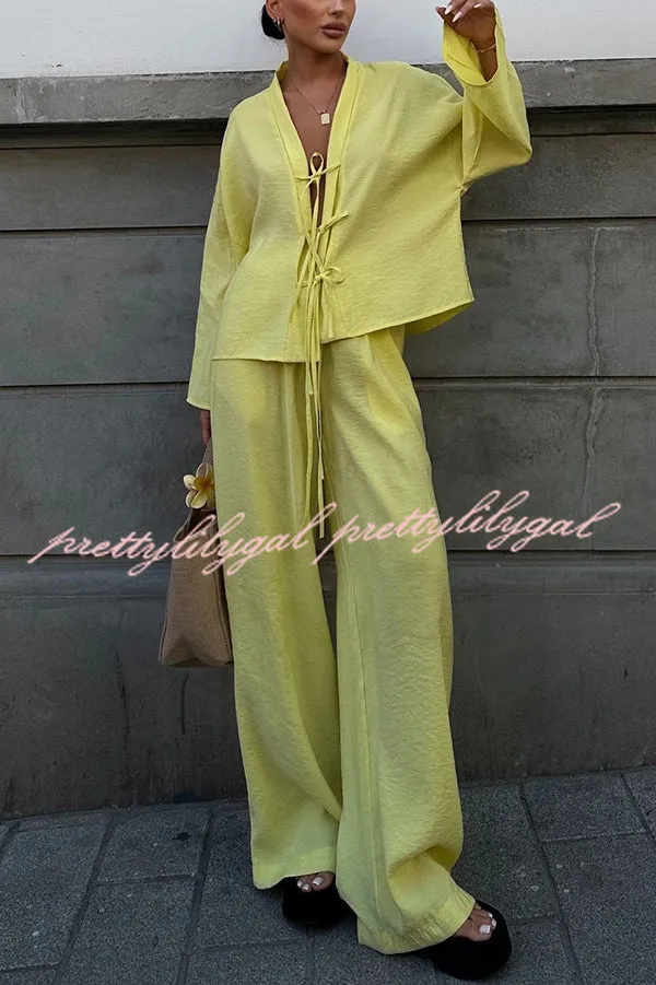 Stylish Loose Tie Shirt and Elastic Waist Wide-leg Pants Set