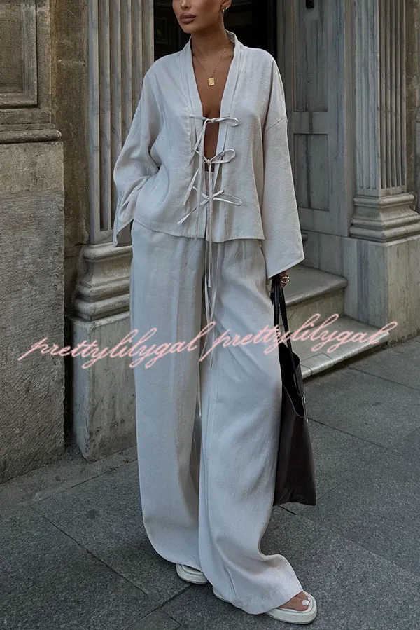 Stylish Loose Tie Shirt and Elastic Waist Wide-leg Pants Set