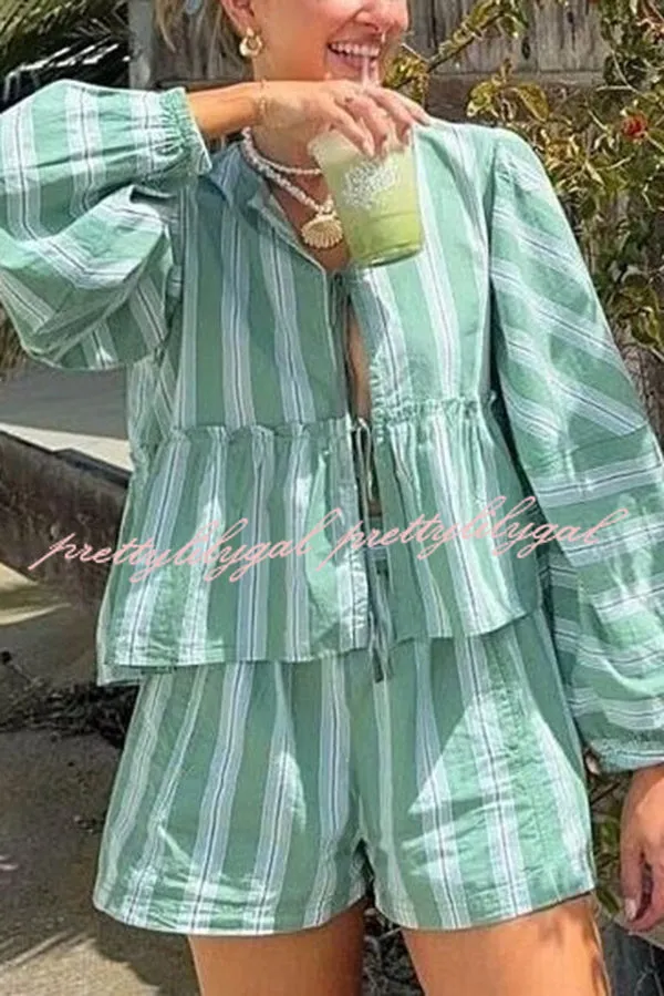 Stylish Striped Print V-neck Tie Top and Elastic Waist Loose Shorts Set