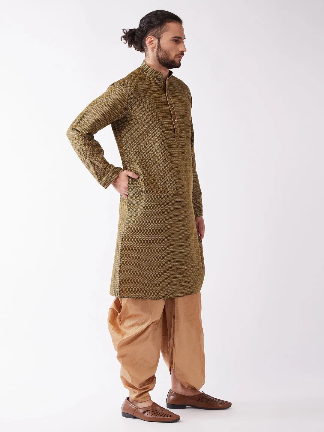 VASTRAMAY Black & Rose Gold Silk Kurta Dhoti