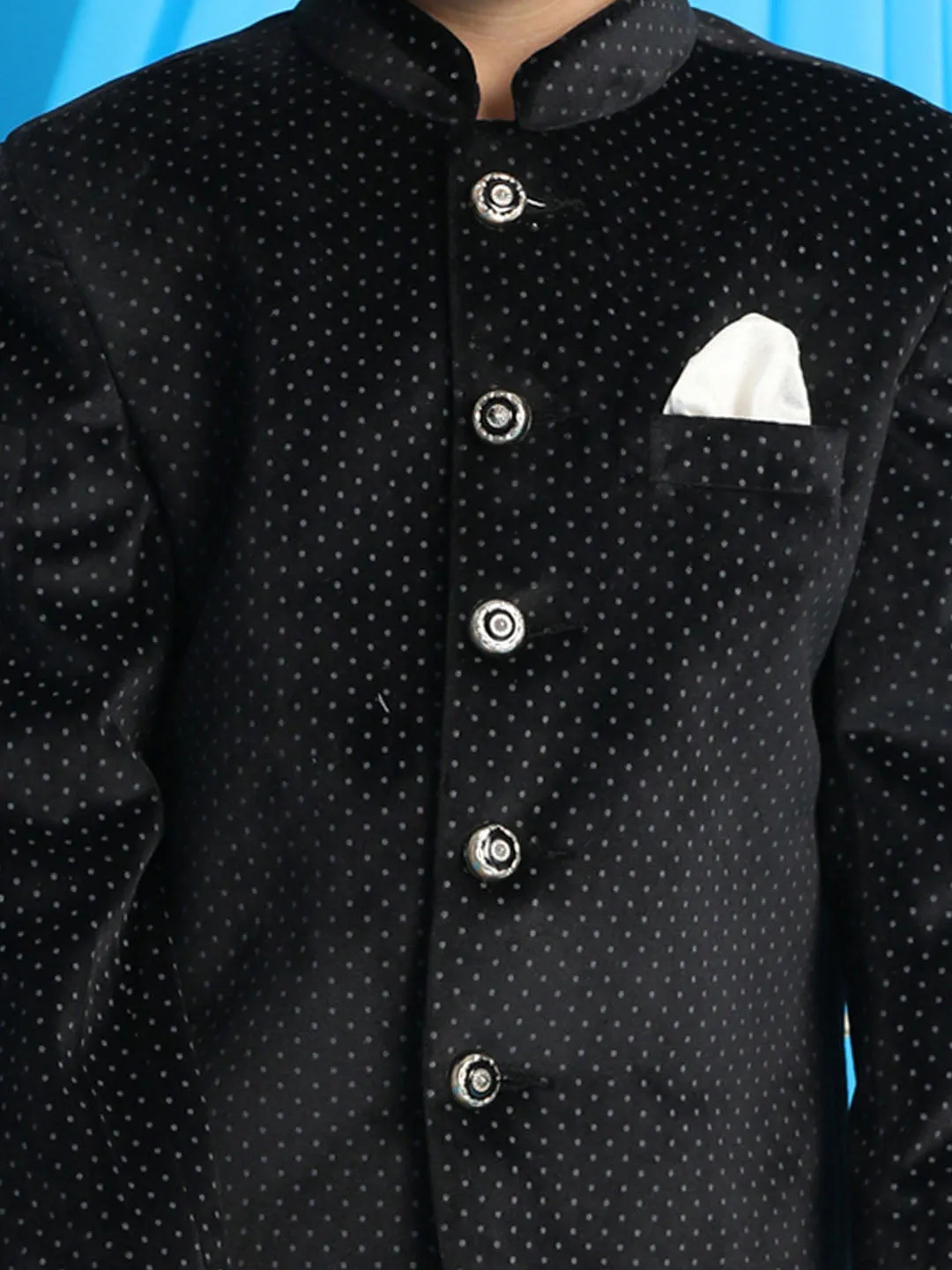 VASTRAMAY Black Polka Dot Printed Velvet Jodhpuri Baap beta Set