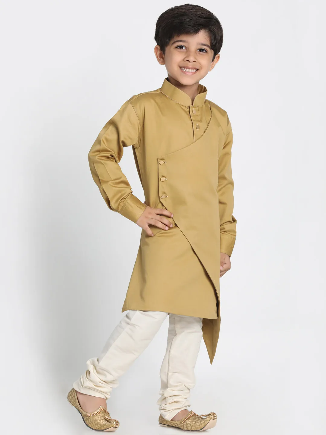 Vastramay Cotton Satin Blend Chiku and Cream Baap Beta Kurta Pyjama Set